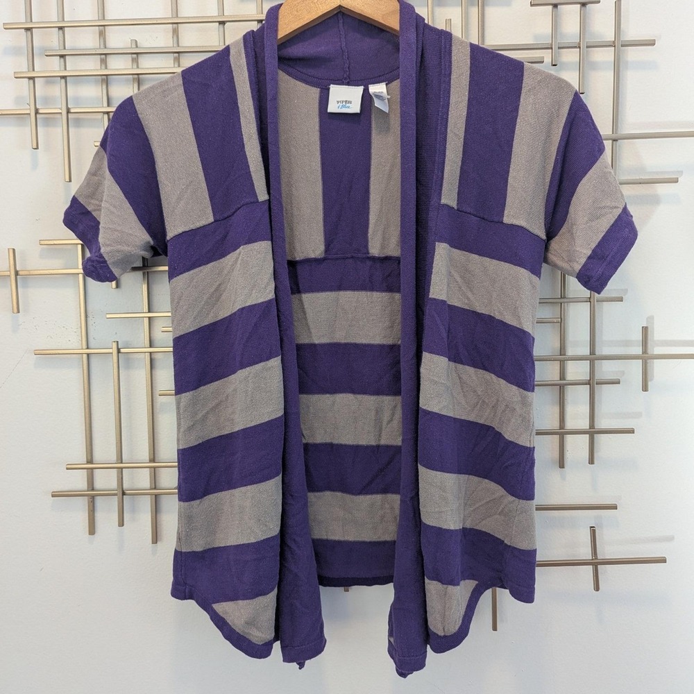 Vtg Y2K Cardigan Purple Grey Striped Short Sleeve Open Front Sz M Whimsigoth